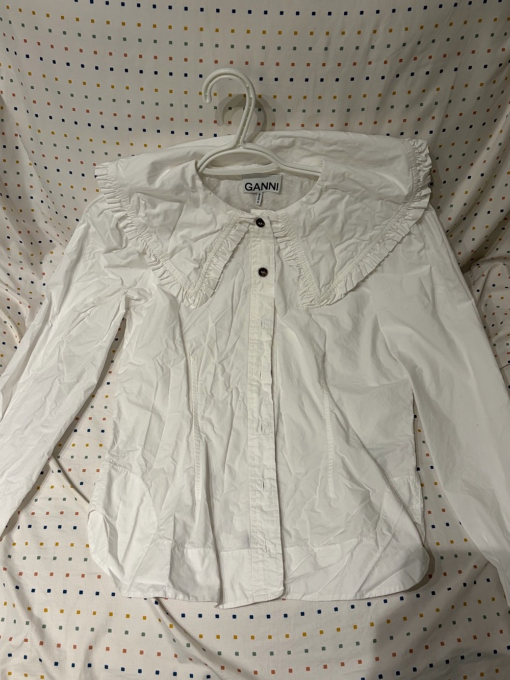 Ganni White Button-Front Blouse with Ruffle Trim